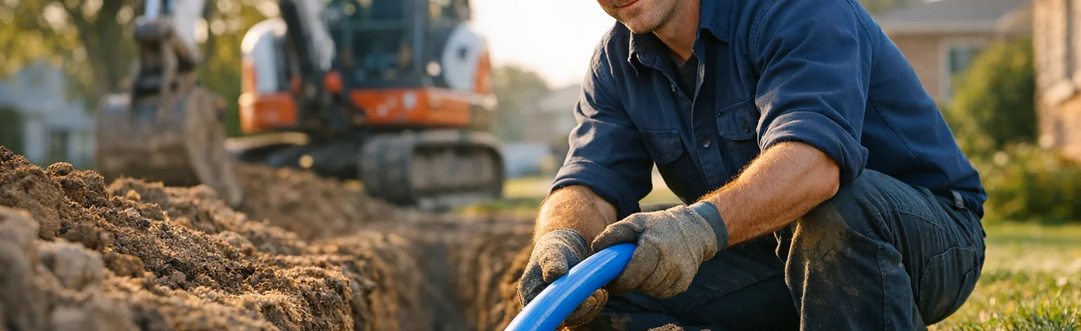 A new water service line being laid in an excavated trench