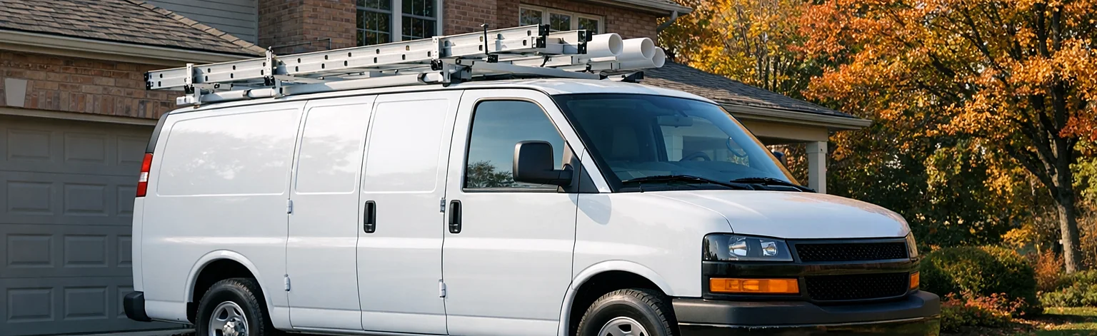 The Allain Plumbing van outside a home in the fall