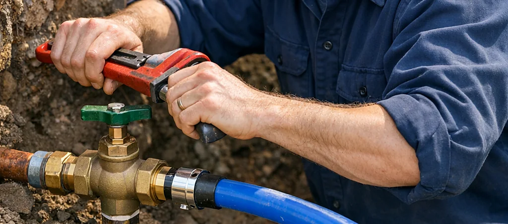 A pipe wrench on a brass main shut-off valve in an open trench